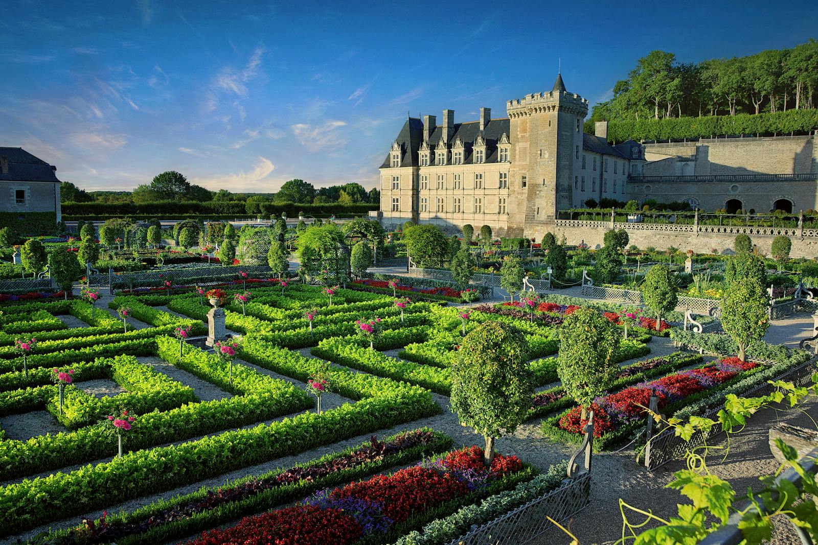 Luftaufnahme der Gärten und des Schlosses Villandry