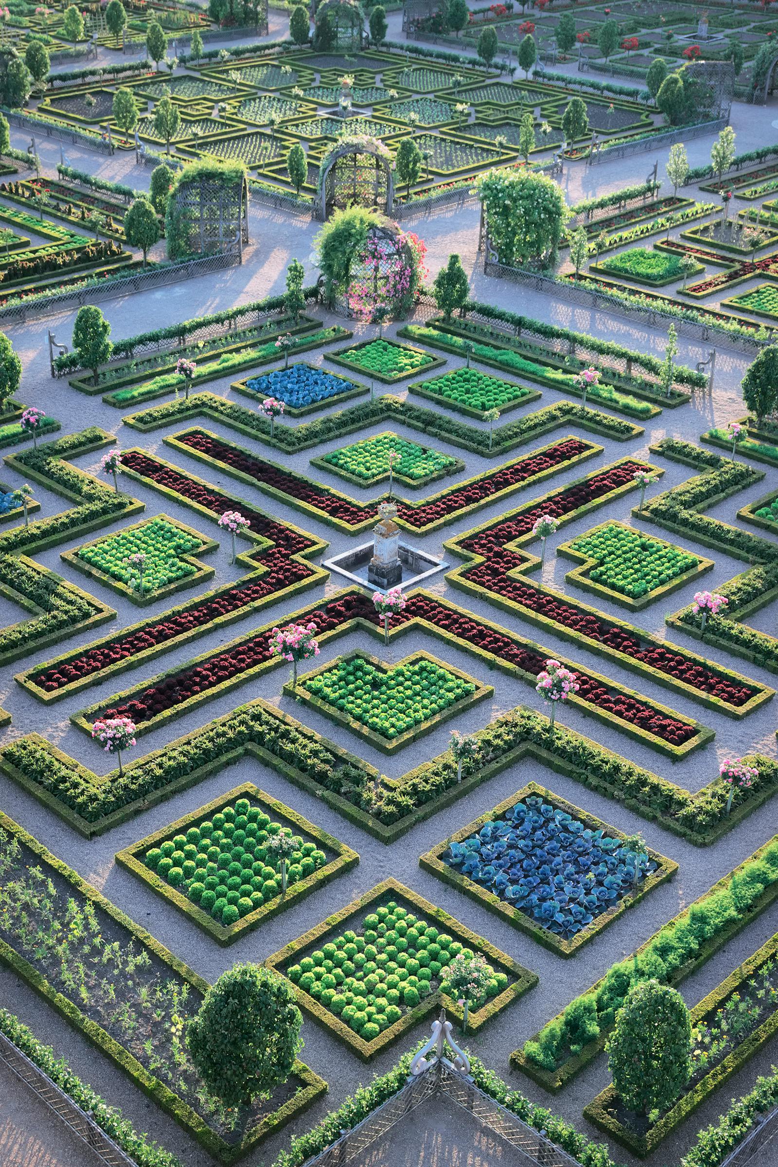 Lotniczy widok geometrycznych ogrodów Zamku w Villandry