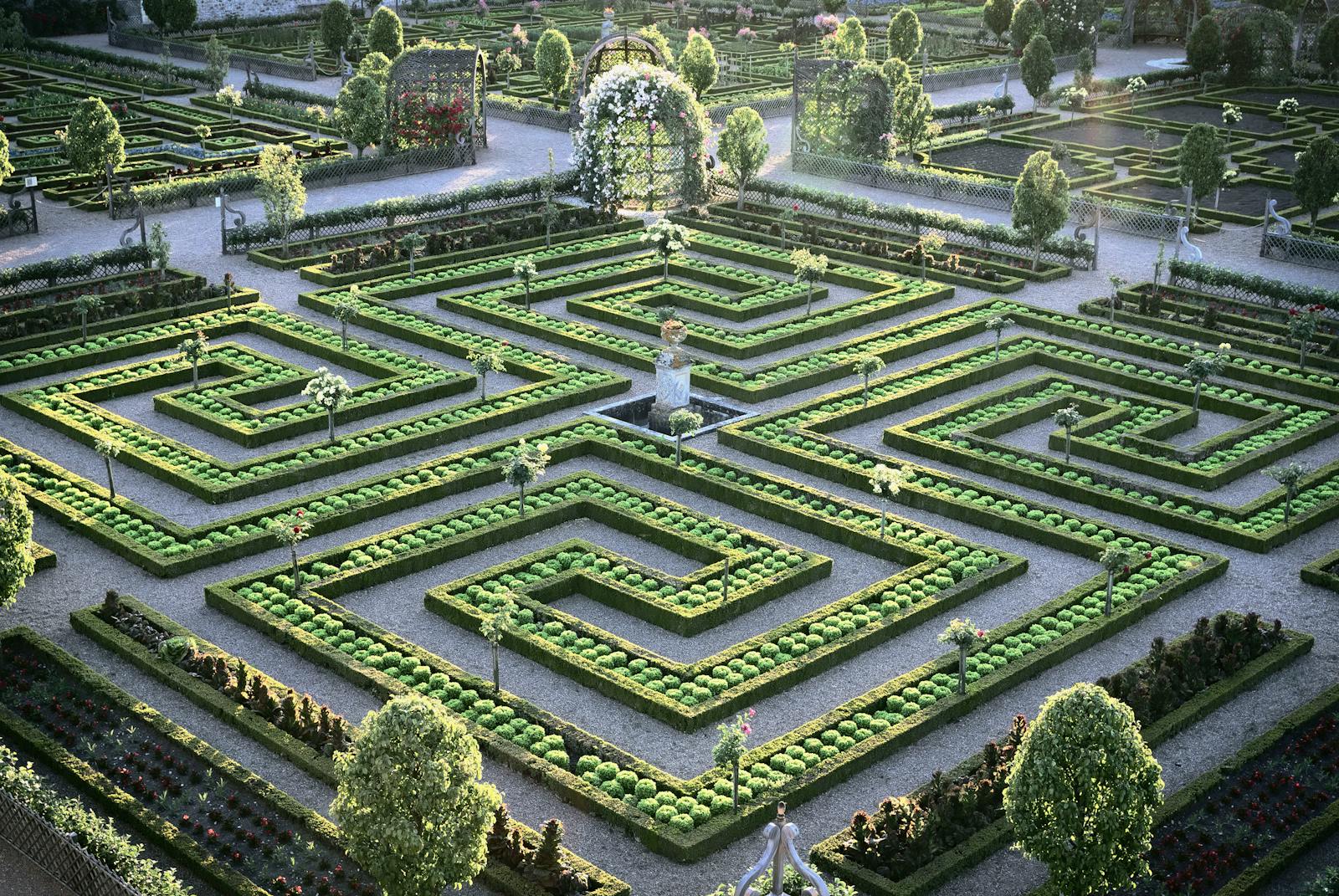 Widok z lotu ptaka na geometryczne ogrody Zamku w Villandry